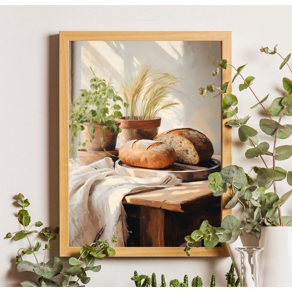 Martwa Natura Z Chlebem W Stylu Vintage: Rustykalna Sztuka Åšcienna Do Kuchni Do Pobrania Cyfrowego, Unframed Poster Size 16x24