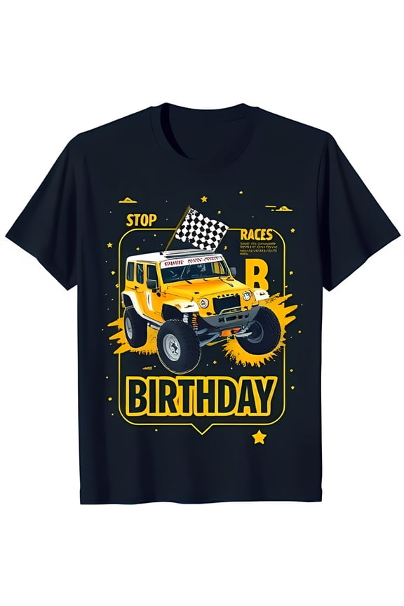 Marty Party Black T-Shirt with Cartoon & Checkerboard Design for Birthday Celebrations