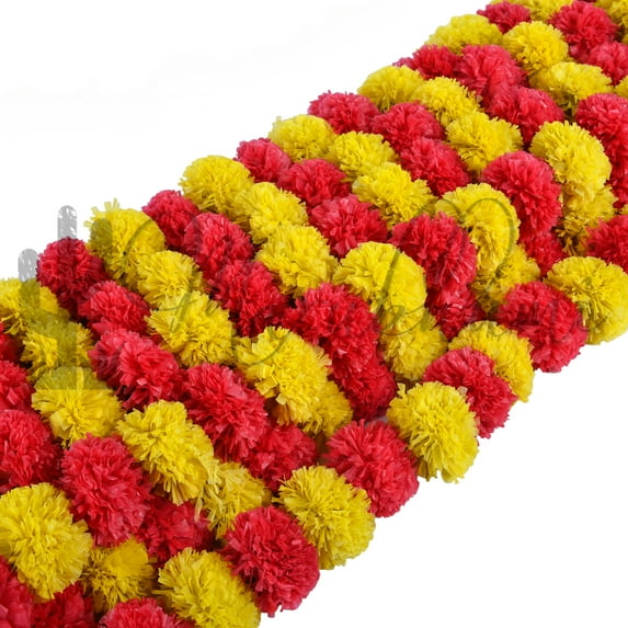 Marubhumi 5 Pcs of 4.5 Feet Long Strands Artificial Marigold Flowers Garland for Diwali, Traditional Indian Decor, Christmas Decor, Wedding Gift, Bush Floral Themed Party, DIY, Backdrop