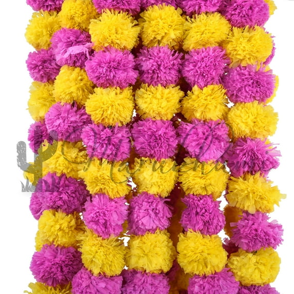 Marubhumi 5 Pcs of 4.5 Feet Long Strands Artificial Marigold Flowers Garland for Diwali, Traditional Indian Decor, Christmas Decor, Wedding Gift, Bush Floral Themed Party, DIY, Backdrop