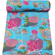 Marubhumi Quilts Indian Handmade Indian Traditional Blankets, Reversible,Floral Printed, Kantha Quilt, Comforter, Twin 60"x 90"