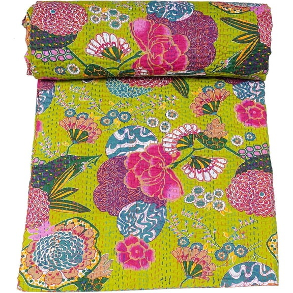Marubhumi Quilts Indian Handmade Indian Traditional Blankets, Reversible,Floral Printed, Kantha Quilt, Comforter, Twin (90"x 108")