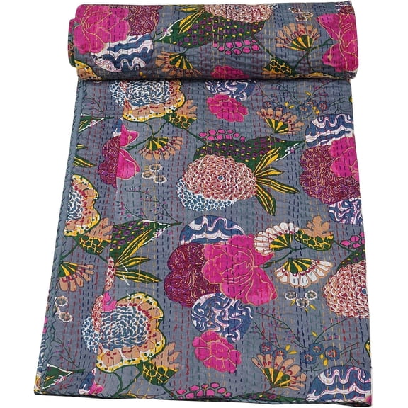 Marubhumi Quilts Indian Handmade Indian Traditional Blankets, Reversible,Floral Printed, Kantha Quilt, Comforter, Twin (90"x 108")