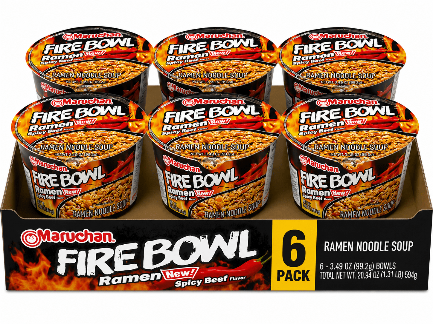 Maruchan Fire Bowl Spicy Beef Ramen Noodle Soup 3.49 oz Bowls, 6 Pack Hot & Spicy Instant Ramen Meal