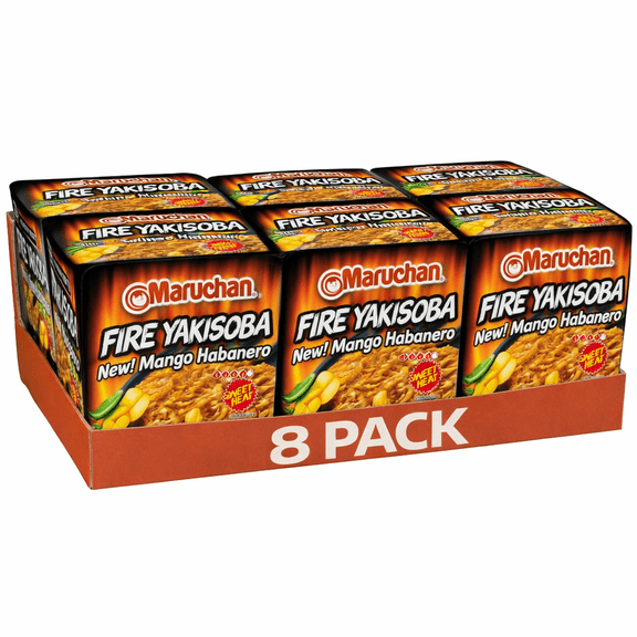 Maruchan Fire Yakisoba Mango Habanero Flavor, 8 Cup Case, 4 oz Each, Extra Spicy Japanese-Style Noodles