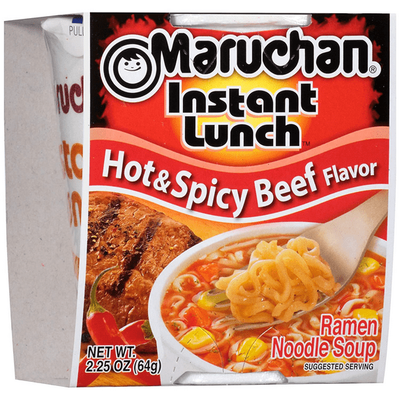 Maruchan Hot and Spicy Beef Instant Ramen Noodles, 2.25 oz cup, 12 pack