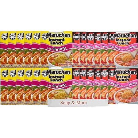 Maruchan Ramen Cup Noodles Instant 24 Count - 12 Hot and Spicy Shrimp cups & 12 Shrimp cups Lunch / Dinner Variety, 2 Flavors