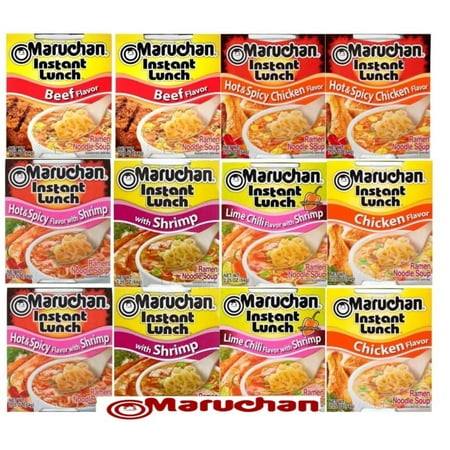 Maruchan Ramen Cups Noodles Instant 12 Count - 2 each of Beef, Chicken, Shrimp, Hot & Spicy chicken and Shrimp, Lime Chili Shrimp, Lunch / Dinner Variety, 6 Flavors, 2.25 Ounce (Pack of 12)