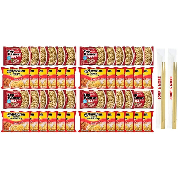 Maruchan Ramen Instant Beef Flavor Soup 24 Noodles Packs & 24 Nissin Packs Beef Noodles Flavor Lunch / Dinner Variety, 48 Count, 2 Flavors