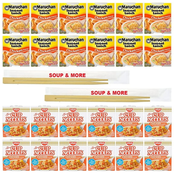 Maruchan Ramen Instant Chicken Soup 12 Noodles Cups & 12 Nissin cup Chicken Noodles Flavor Lunch / Dinner Variety, 24 Count, 2 Flavors