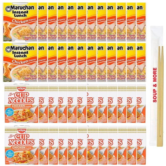 Maruchan Ramen Instant Chicken Soup 24 Noodles Cups & 24 Nissin cup Chicken Noodles Flavor Lunch / Dinner Variety, 48 Count, 2 Flavors