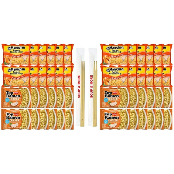 Maruchan Ramen Instant Chicken Soup 24 Noodles Packs & 24 Nissin Packs Chicken Noodles Flavor Lunch / Dinner Variety, 48 Count, 2 Flavors