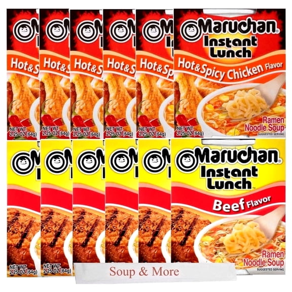 Maruchan Ramen Instant Cup Noodles 12 Count - 6 Beef Flavor & 6 Hot & Spicy Chicken Flavor Lunch / Dinner Variety, 2 Flavors