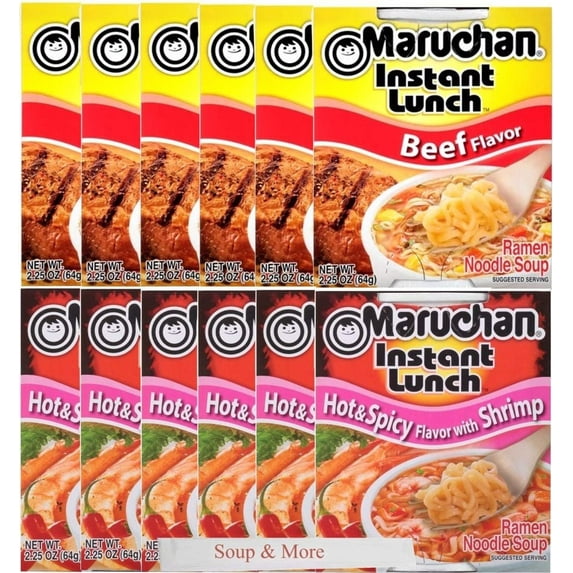 Maruchan Ramen Instant Cup Noodles 12 Count - 6 Beef Flavor & 6 Hot & Spicy Shrimp Flavor Lunch / Dinner Variety, 2 Flavors
