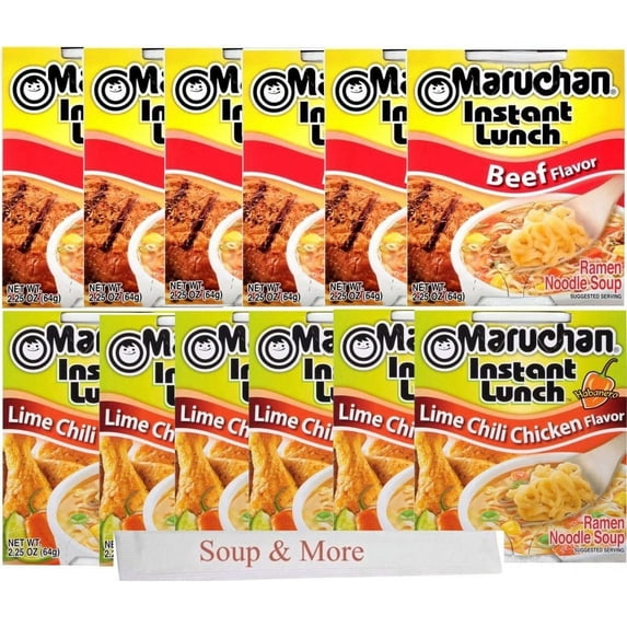 Maruchan Ramen Instant Cup Noodles 12 Count - 6 Beef Flavor & 6 Lime Chili Chicken Flavor Lunch / Dinner Variety, 2 Flavors