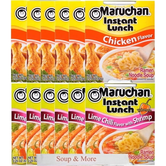 Maruchan Ramen Instant Cup Noodles 12 Count - 6 Chicken Flavor & 6 Lime Chili Shrimp Flavor Lunch / Dinner Variety, 2 Flavors