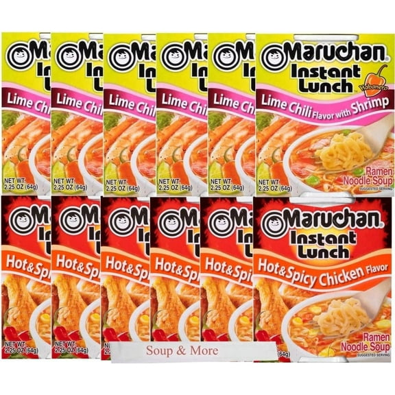 Maruchan Ramen Instant Cup Noodles 12 Count - 6 Hot & Spicy Chicken Flavor & 6 Lime Chili Shrimp Flavor Lunch / Dinner Variety, 2 Flavors
