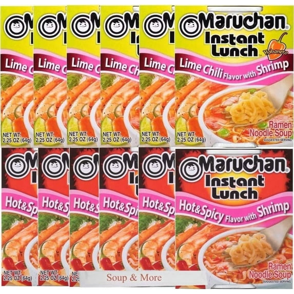 Maruchan Ramen Instant Cup Noodles 12 Count - 6 Hot & Spicy Shrimp Flavor & 6 Lime Chili Shrimp Flavor Lunch / Dinner Variety, 2 Flavors