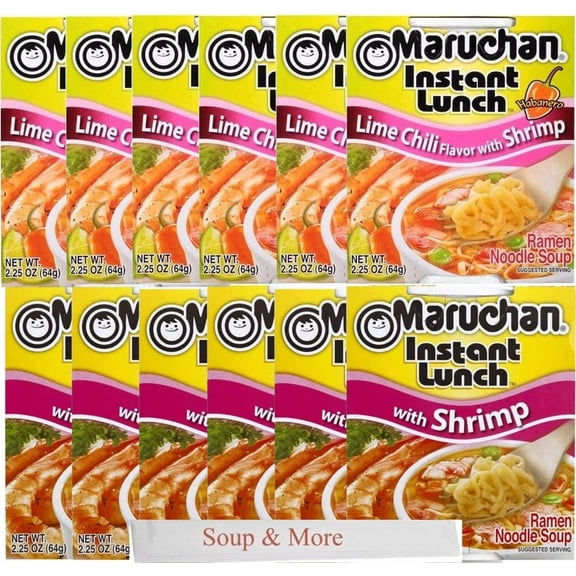 Maruchan Ramen Instant Cup Noodles 12 Count - 6 Shrimp Flavor & 6 Lime Chili Shrimp Flavor Lunch / Dinner Variety, 2 Flavors
