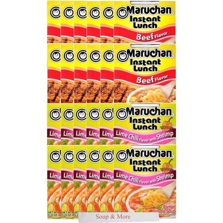 Maruchan Ramen Instant Cup Noodles 24 Count - 12 Beef Flavor & 12 Lime Chili Shrimp Flavor Lunch / Dinner Variety, 2 Flavors