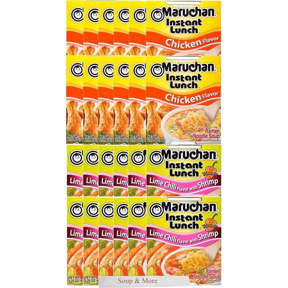 Maruchan Ramen Instant Cup Noodles 24 Count - 12 Chicken Flavor & 12 Lime Chili Shrimp Flavor Lunch / Dinner Variety, 2 Flavors