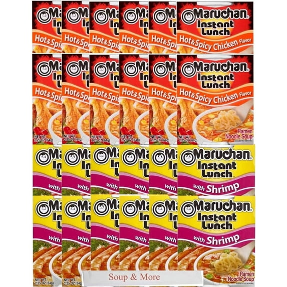Maruchan Ramen Instant Cup Noodles 24 Count - 12 Shrimp Flavor & 12 Hot & Spicy Chicken Flavor Lunch / Dinner Variety, 2 Flavors