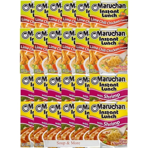 Maruchan Ramen Instant Cup Noodles 24 Count - 12 Shrimp Flavor & 12 Lime Chili Chicken Flavor Lunch / Dinner Variety, 2 Flavors