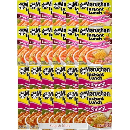 Maruchan Ramen Instant Cup Noodles 24 Count - 12 Shrimp Flavor & 12 Lime Chili Shrimp Flavor Lunch / Dinner Variety, 2 Flavors