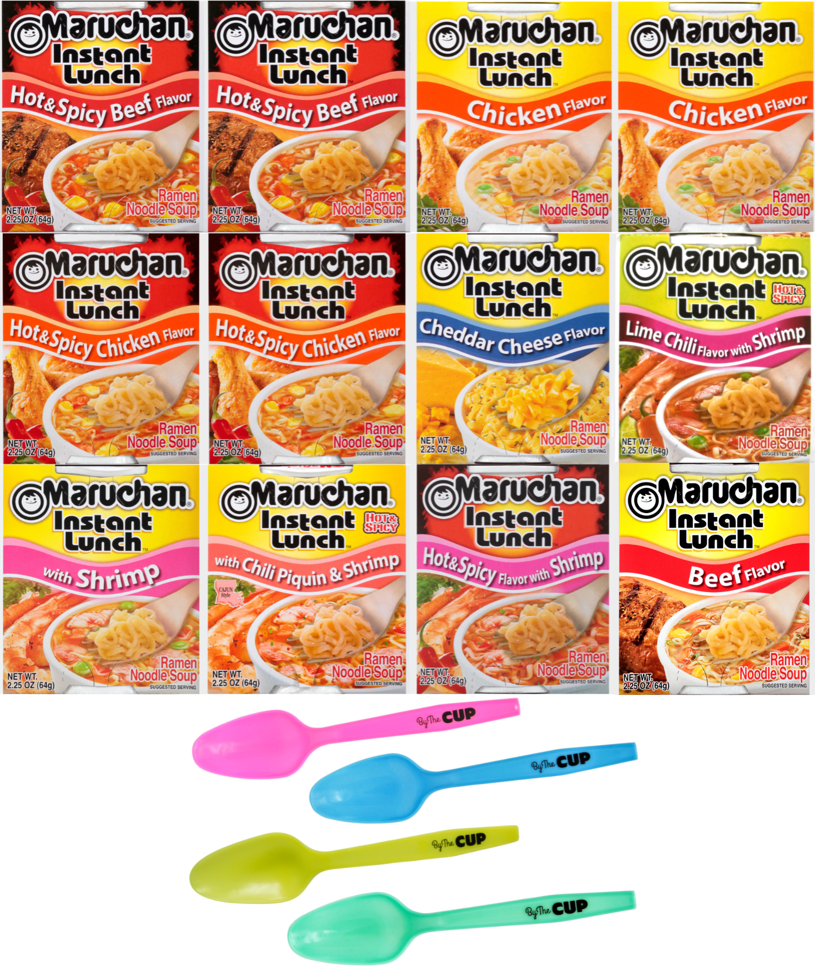 Maruchan Ramen Instant Lunch 9 Flavor Variety, 2.25 oz Pack of 12 with By The Cup Mood Spoons, Shelf-Stable
