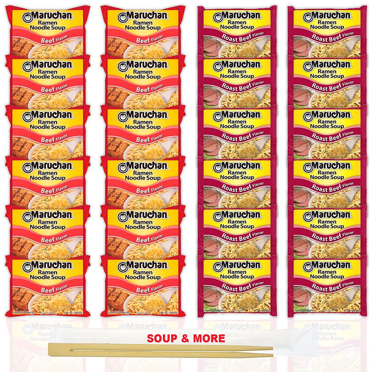 Maruchan Ramen Instant Noodle Soup Variety, 2 Flavors - 12 Packs Beef & 12 Packs Roast Beef , 3 Ounce Single Servings Lunch / Dinner Variety