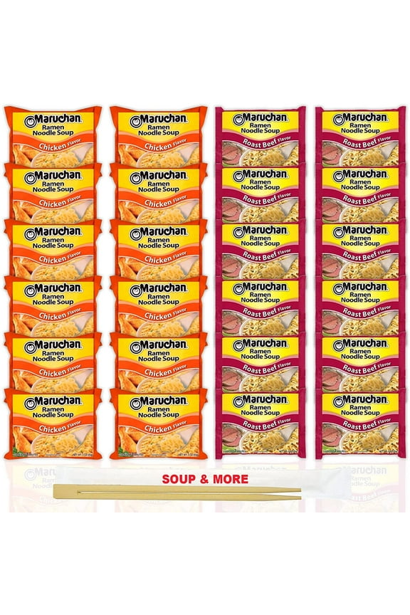 Ramen Instant Noodle Soup Variety, 2 Flavors - 12 Packs Chicken & 12 Packs Roast Beef , 3 Ounce Single Servings Lunch / Dinner Variety