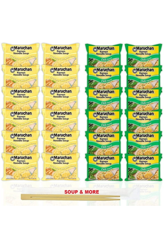Ramen Instant Noodle Soup Variety, 2 Flavors - 12 Packs Creamy Chicken & 12 Packs Chili , 3 Ounce Single Servings Lunch / Dinner Variety