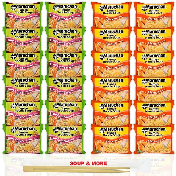 Maruchan Ramen Instant Noodle Soup Variety, 2 Flavors - 12 Packs Lime Chili Shrimp & 12 Packs Chicken , 3 Ounce Single Servings Lunch / Dinner Variety