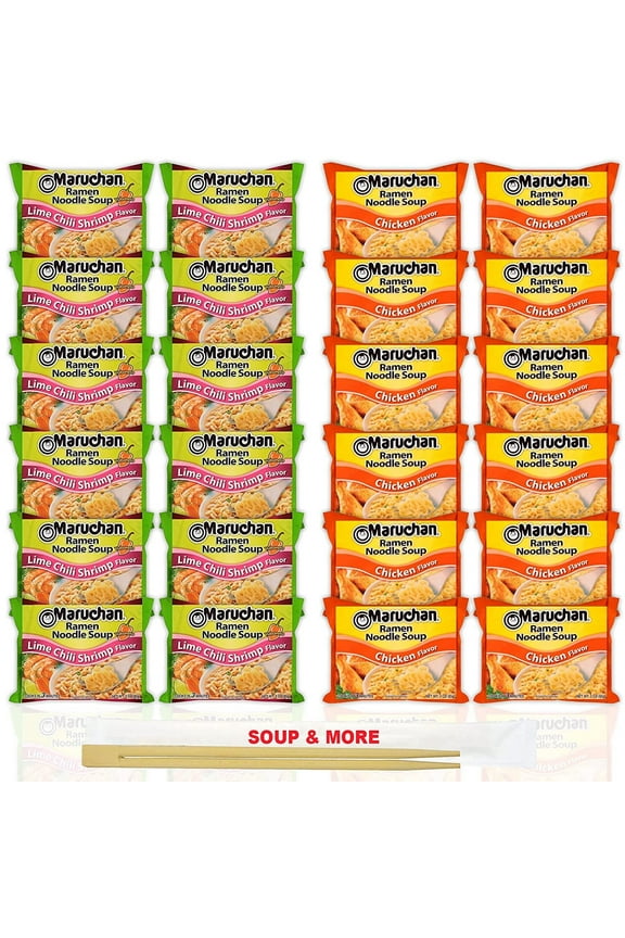 Ramen Instant Noodle Soup Variety, 2 Flavors - 12 Packs Lime Chili Shrimp & 12 Packs Chicken , 3 Ounce Single Servings Lunch / Dinner Variety