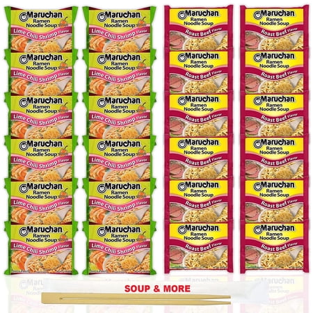 Maruchan Ramen Instant Noodle Soup Variety, 2 Flavors - 12 Packs Lime Chili Shrimp & 12 Packs Roast Beef , 3 Ounce Single Servings Lunch / Dinner Variety