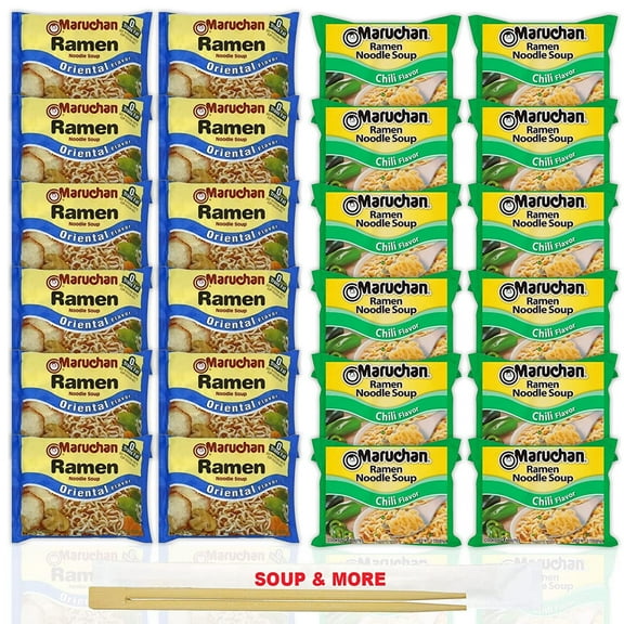 Maruchan Ramen Instant Noodle Soup Variety, 2 Flavors - 12 Packs Oriental & 12 Packs Chili , 3 Ounce Single Servings Lunch / Dinner Variety