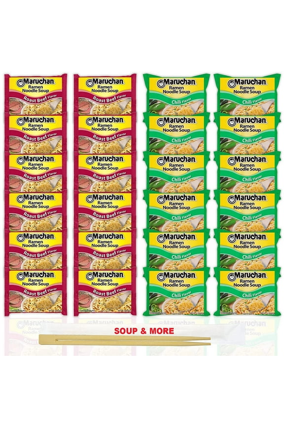 Ramen Instant Noodle Soup Variety, 2 Flavors - 12 Packs Roast Beef & 12 Packs Chili , 3 Ounce Single Servings Lunch / Dinner Variety