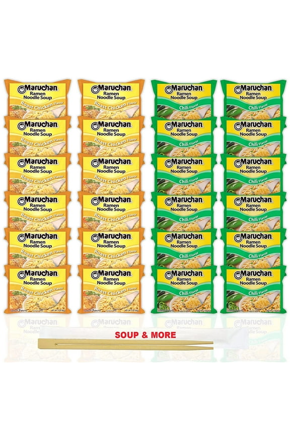 Ramen Instant Noodle Soup Variety, 2 Flavors - 12 Packs Roast Chicken & 12 Packs Chili , 3 Ounce Single Servings Lunch / Dinner Variety