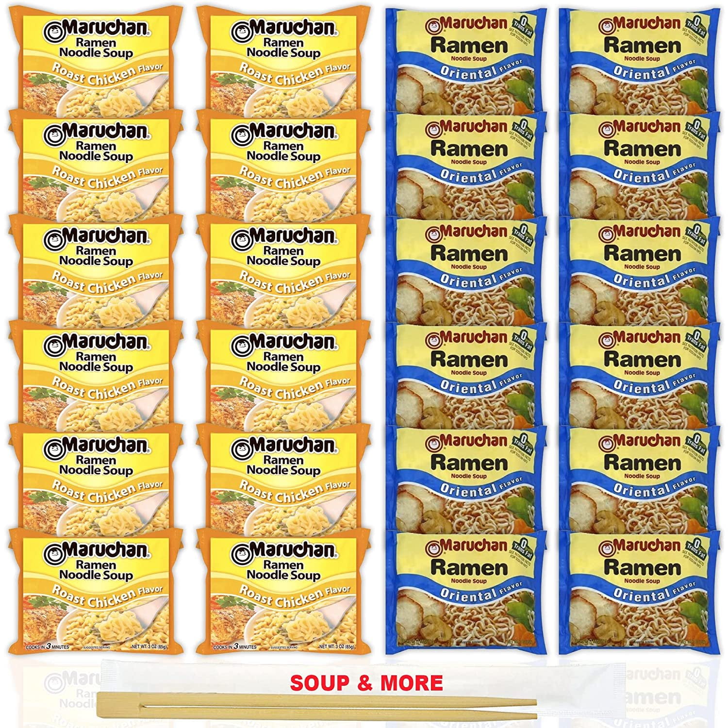 Maruchan Ramen Instant Noodle Soup Variety, 2 Flavors - 12 Packs Roast Chicken & 12 Packs Oriental , 3 Ounce Single Servings Lunch / Dinner Variety