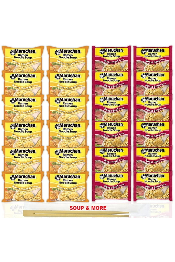 Ramen Instant Noodle Soup Variety, 2 Flavors - 12 Packs Roast Chicken & 12 Packs Roast Beef , 3 Ounce Single Servings Lunch / Dinner Variety