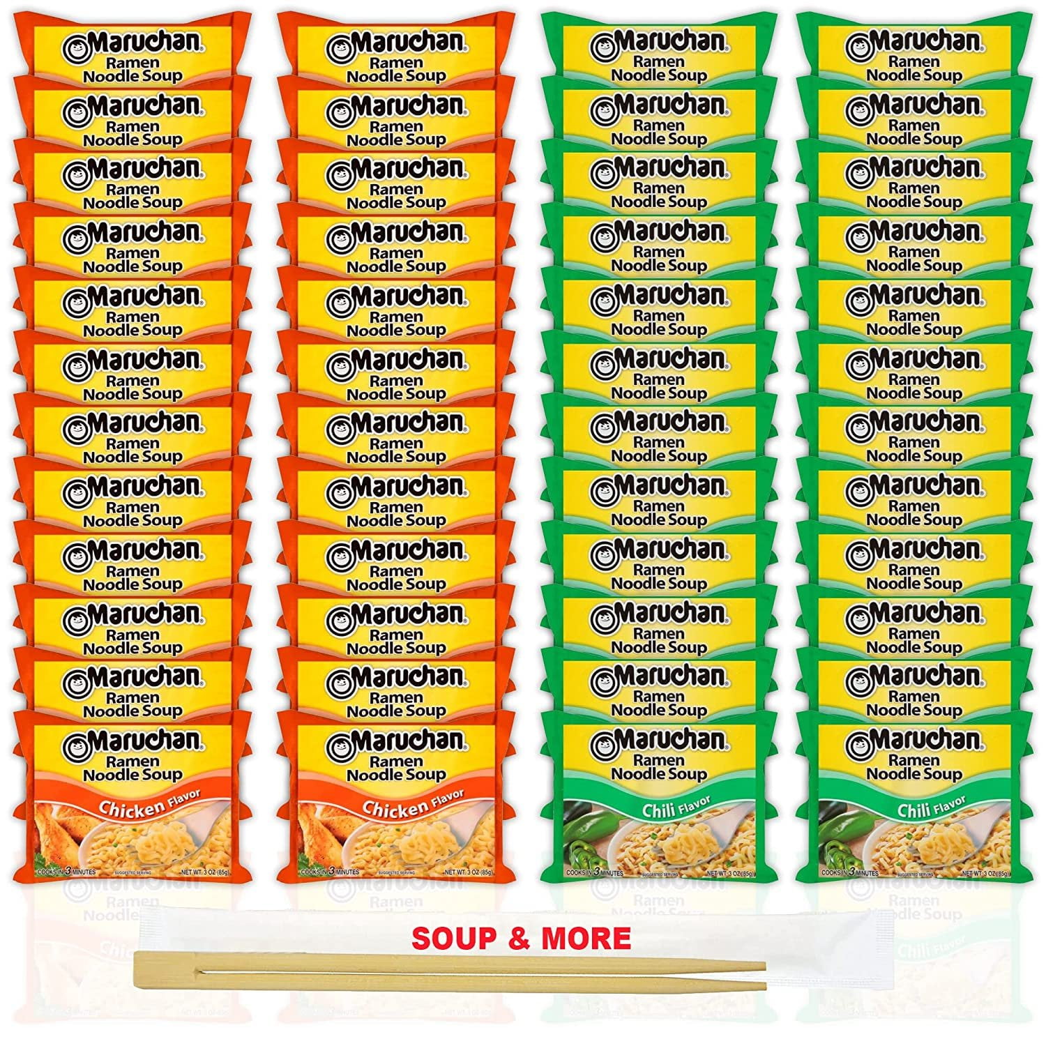 Maruchan Ramen Instant Noodle Soup Variety, 2 Flavors - 24 Packs Chicken & 24 Packs Chili , 3 Ounce Single Servings Lunch / Dinner Variety