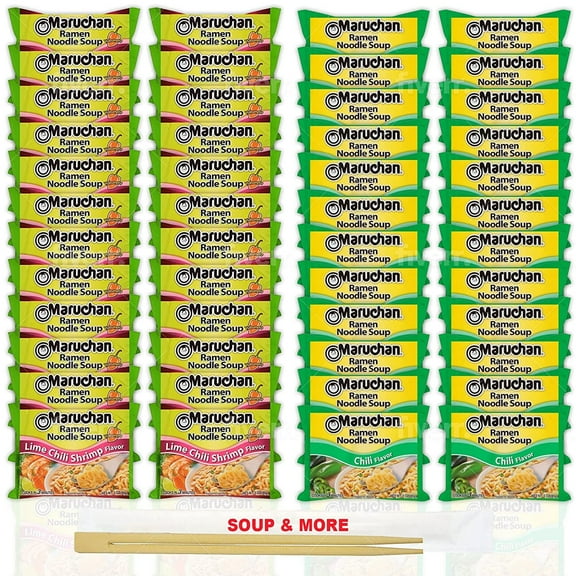 Maruchan Ramen Instant Noodle Soup Variety, 2 Flavors - 24 Packs Lime Chili Shrimp & 24 Packs Chili , 3 Ounce Single Servings Lunch / Dinner Variety