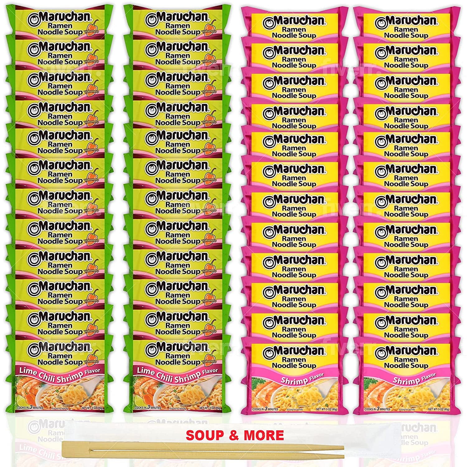 Maruchan Ramen Instant Noodle Soup Variety, 2 Flavors - 24 Packs Lime Chili Shrimp & 24 Packs Shrimp , 3 Ounce Single Servings Lunch / Dinner Variety