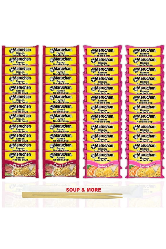 Ramen Instant Noodle Soup Variety, 2 Flavors - 24 Packs Roast Beef & 24 Packs Shrimp , 3 Ounce Single Servings Lunch / Dinner Variety