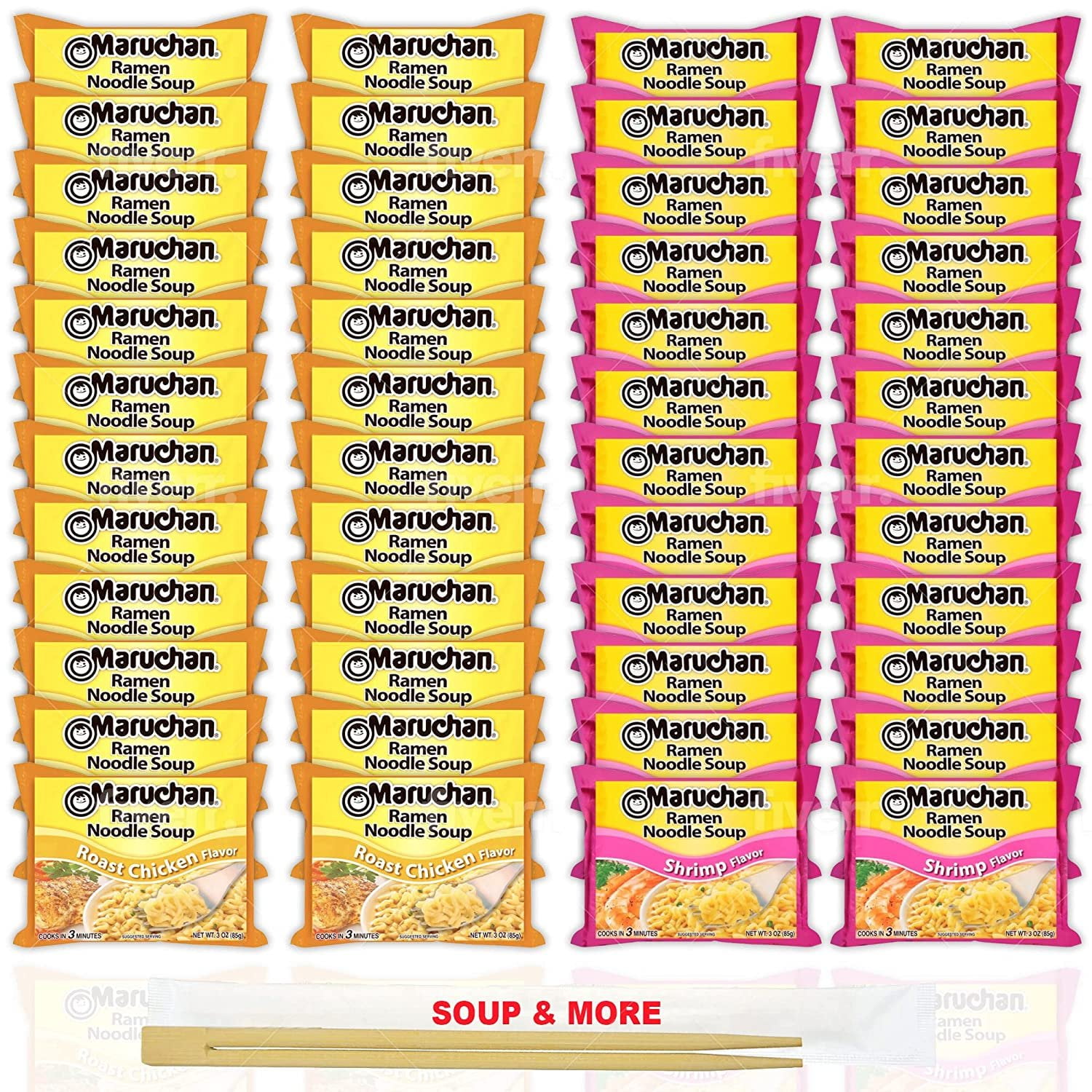Maruchan Ramen Instant Noodle Soup Variety, 2 Flavors - 24 Packs Roast Chicken & 24 Packs Shrimp , 3 Ounce Single Servings Lunch / Dinner Variety