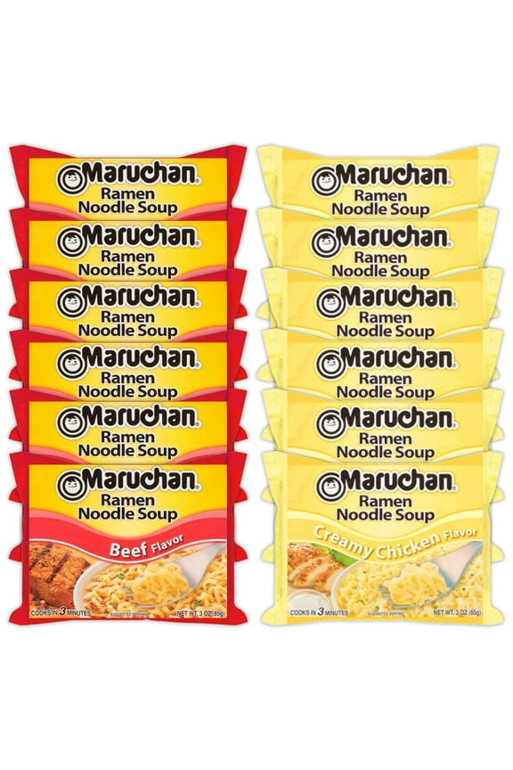 Ramen Instant Noodle Soup Variety, 2 Flavors - 6 Packs Beef & 6 Packs Creamy Chicken , 3 Ounce Single Servings Lunch / Dinner Variety