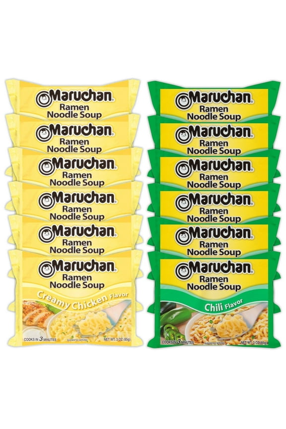 Ramen Instant Noodle Soup Variety, 2 Flavors - 6 Packs Creamy Chicken & 6 Packs Chili , 3 Ounce Single Servings Lunch / Dinner Variety