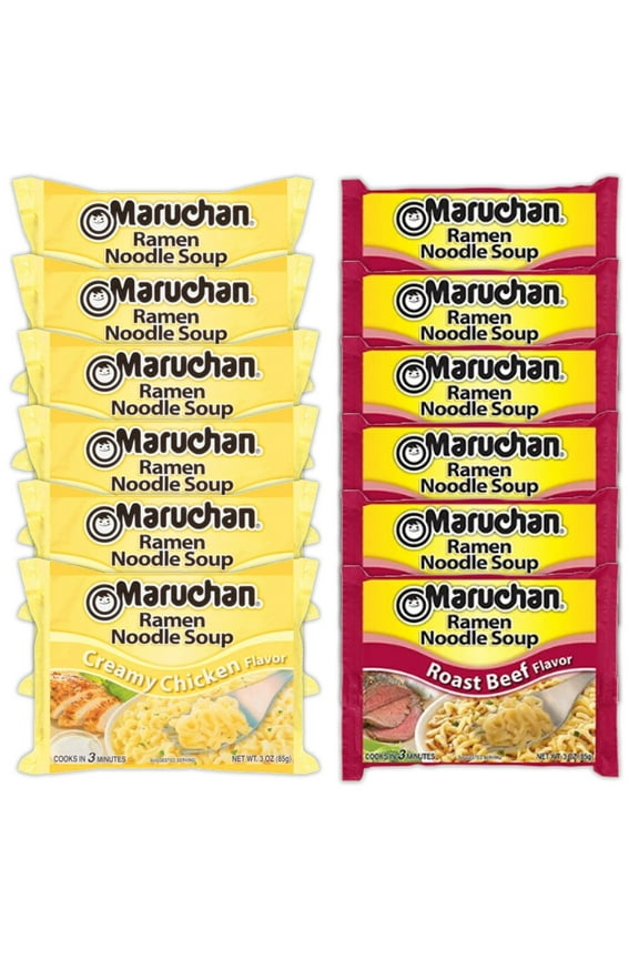 Ramen Instant Noodle Soup Variety, 2 Flavors - 6 Packs Creamy Chicken & 6 Packs Roast Beef , 3 Ounce Single Servings Lunch / Dinner Variety
