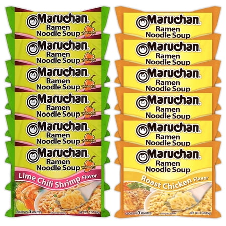 Maruchan Ramen Instant Noodle Soup Variety, 2 Flavors - 6 Packs Lime Chili Shrimp & 6 Packs Roast Chicken , 3 Ounce Single Servings Lunch / Dinner Variety