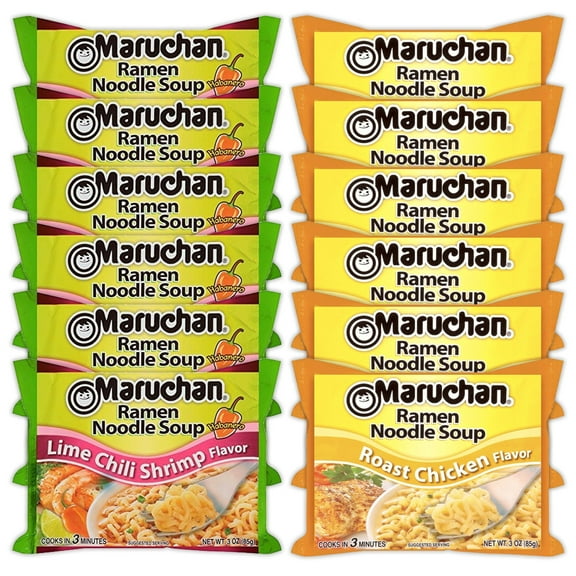 Maruchan Ramen Instant Noodle Soup Variety, 2 Flavors - 6 Packs Lime Chili Shrimp & 6 Packs Roast Chicken , 3 Ounce Single Servings  Lunch / Dinner Variety